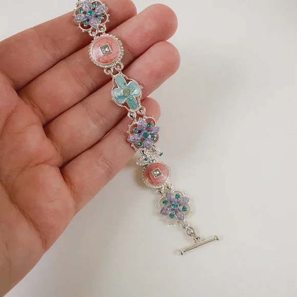 Napier Silver Tone Pastel Pink Blue Enamel Rhinestone Art Deco Chain Bracelet - Picture 8 of 9
